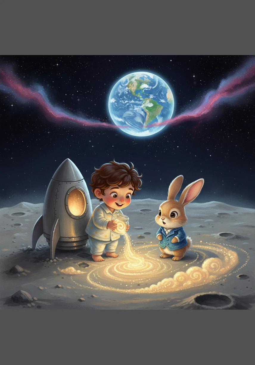 Leo finally stepped onto the moon, finding that the ground was soft and bouncy like a giant trampoline. Every step he took sent him floating high into the air before he drifted gently back down to the sparkling dust.