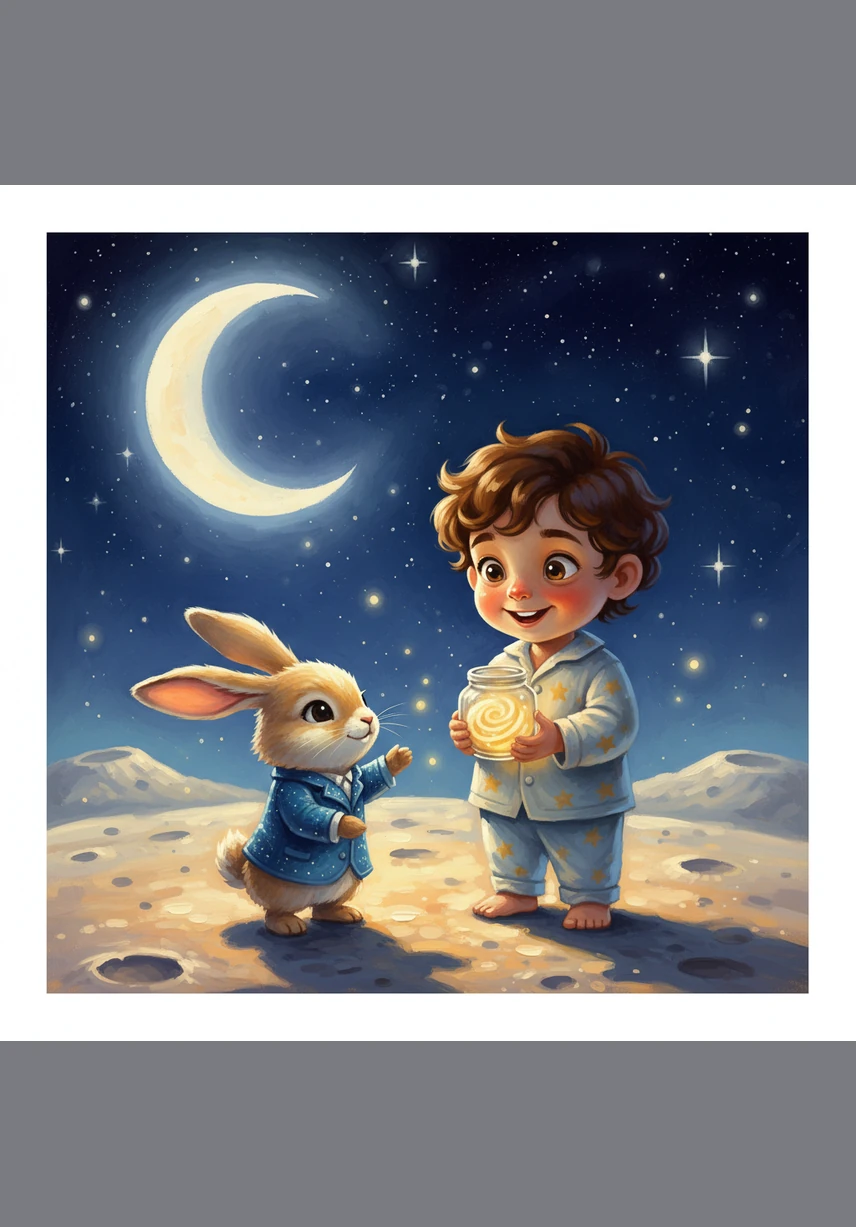A friendly Moon Rabbit with long, glowing ears hopped out from behind a crater to greet him. The rabbit wore a tiny waistcoat woven from starlight and offered Leo a warm, welcoming smile.