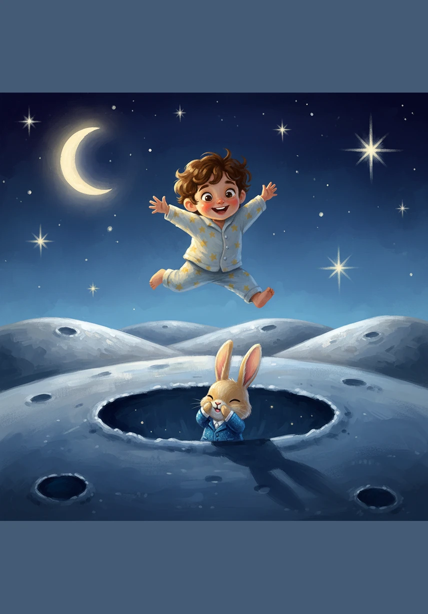 Together, they played a game of hide-and-seek among the shimmering silver hills and deep, shadowy craters. Leo found that he could jump over mountains with a single hop, feeling lighter than a feather in the lunar breeze.