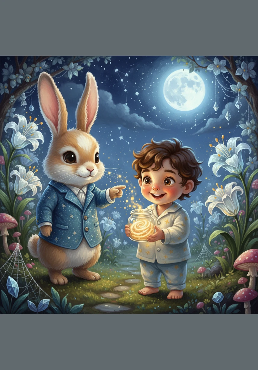 The Moon Rabbit led Leo to a garden of crystal flowers that chimed like tiny bells when the wind blew. He handed Leo a small glass jar filled with swirling Dream Dust to keep his nights full of wonder.