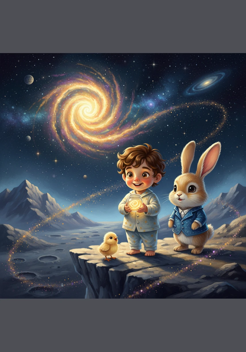 Leo stood at the edge of a moon-cliff and looked back at the Earth, which looked like a beautiful blue marble floating in a sea of black ink. He felt very small but also very brave to have traveled so far from home.