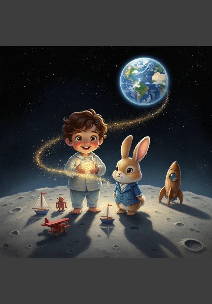 When it was time to leave, the Moon Rabbit pointed toward a bright moonbeam that stretched all the way back to Leo’s window. Leo waved goodbye and slid down the beam, traveling faster than a shooting star.