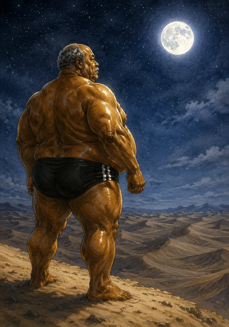 Baptiste stands at the edge of the dunes, his powerful, stocky frame silhouetted against the vast night sky. The pale full moon casts a silver glow over his dark skin, which glistens with a thick, golden layer of olive oil.