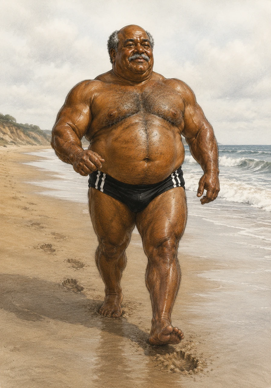 With a confident expression, Baptiste begins his walk across the cool, damp sand, his heavy footsteps leaving deep marks. His thick, muscled arms swing with a natural masculine grace, showing the strength he has maintained through sixty-seven years of life.