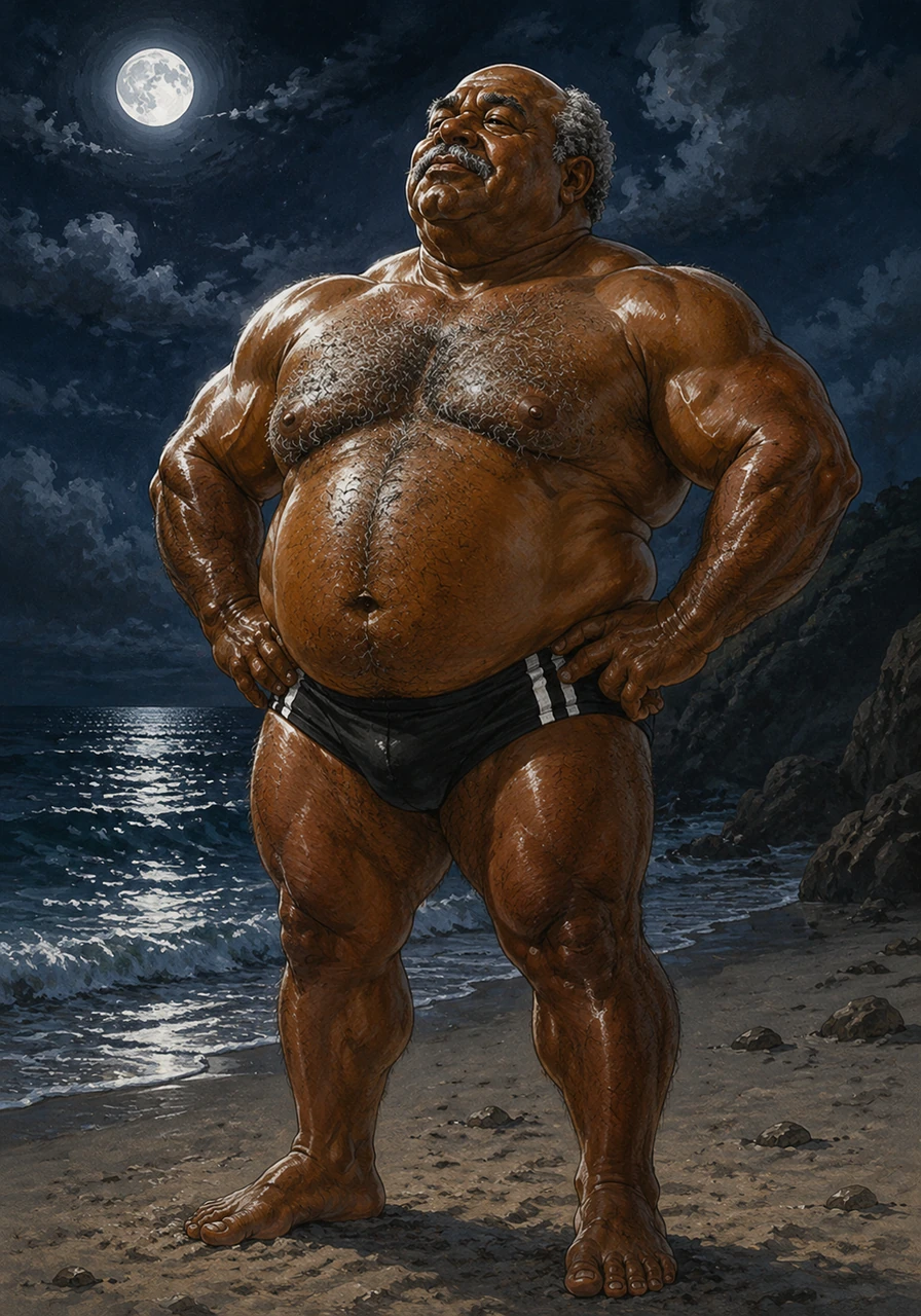 The moonlight catches the coarse grey hair on his broad chest, creating a striking contrast against his oil-slicked skin. Every muscle in his massive torso is defined by the dramatic shadows of the night as he pauses to breathe in the salty air.