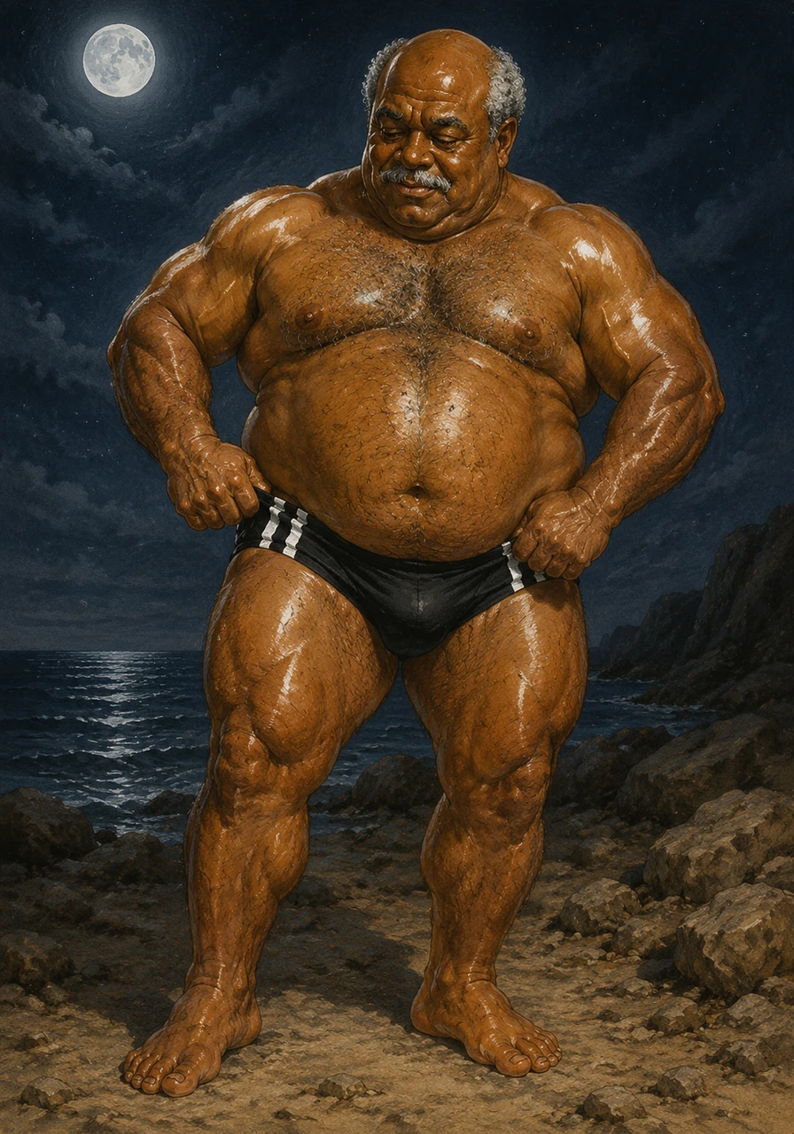 He stops to adjust his tight white striped black briefs, his movements deliberate and full of poise. Sweat mingles with the olive oil on his brow, making his face shine like polished bronze under the lunar light.