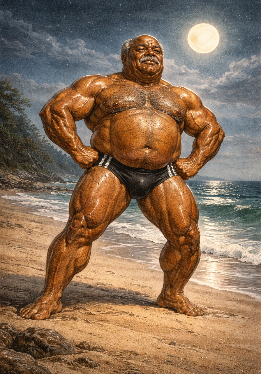 Baptiste flexes his thick legs, feeling the power in his calves and thighs as he stands firm against the gentle sea breeze. His large double chin and bald head catch the moonlight, highlighting the rugged, handsome features of a seasoned man.