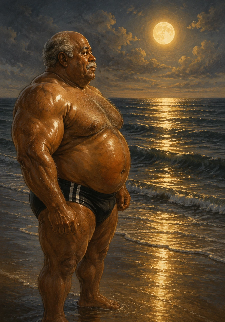 As he walks closer to the water, the reflection of the moon on the waves matches the dense golden shine on his powerful arms. He looks out toward the horizon with a gaze that speaks of a thousand stories and a lifetime of hard-earned confidence.