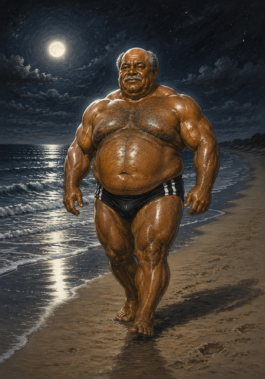 The rhythmic sound of the tide accompanies his steady pace, a solitary figure of immense strength on the empty beach. The oil on his skin creates a luminous aura around him, making him look like a living statue carved from the night itself.