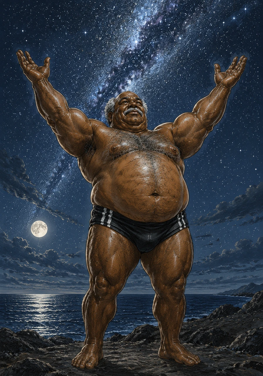 He raises his muscled arms toward the stars, feeling the connection between his own physical power and the vastness of the universe. The coarse grey hair on his chest stands out vividly, a badge of honor and maturity in the silver light.