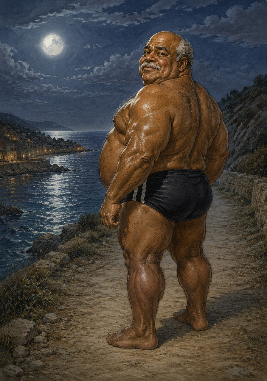Turning back to look at his path, Baptiste smiles a quiet, knowing smile that crinkles the skin around his eyes. He is a man who knows his worth, standing tall and proud in the quiet solitude of the moonlit French coast.