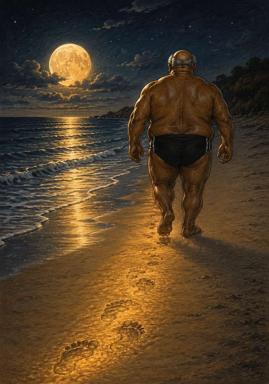 The moon begins its slow descent as Baptiste continues his masculine stride along the shoreline, disappearing into the soft shadows of the night. His golden glow remains a lingering memory on the sand, a testament to a life lived with strength and unshakeable confidence.