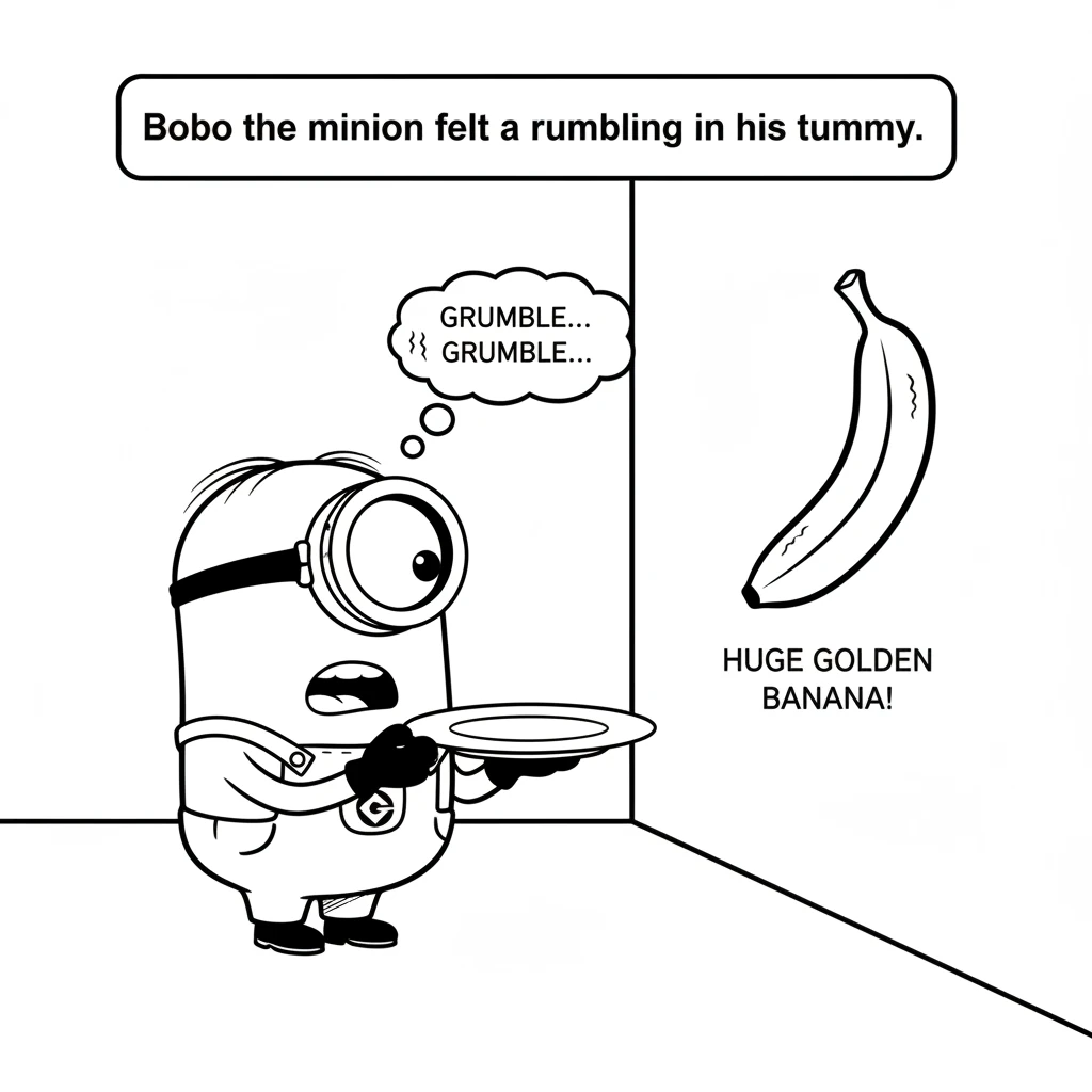 Bobo the minion felt a rumbling in his tummy. He held a small, empty plate and looked very hungry. Then, he spotted a drawing on the wall: a huge, gol