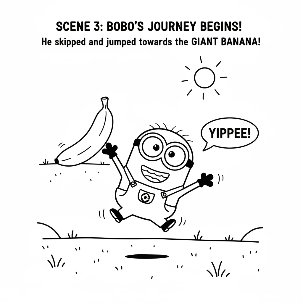 With a skip and a jump, Bobo began his journey. He walked through a sunny, open field, his little legs carrying him forward. The giant banana awaited!
