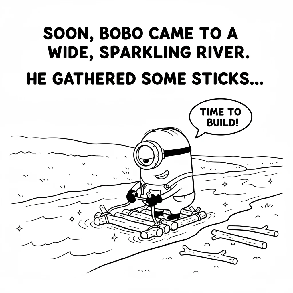 Soon, Bobo came to a wide, sparkling river. He needed a way to cross! With a clever idea, he gathered some sticks and tied them together to make a sma