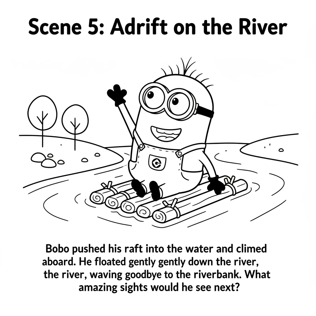 Bobo pushed his raft into the water and climbed aboard. He floated gently down the river, waving goodbye to the riverbank. What amazing sights would h