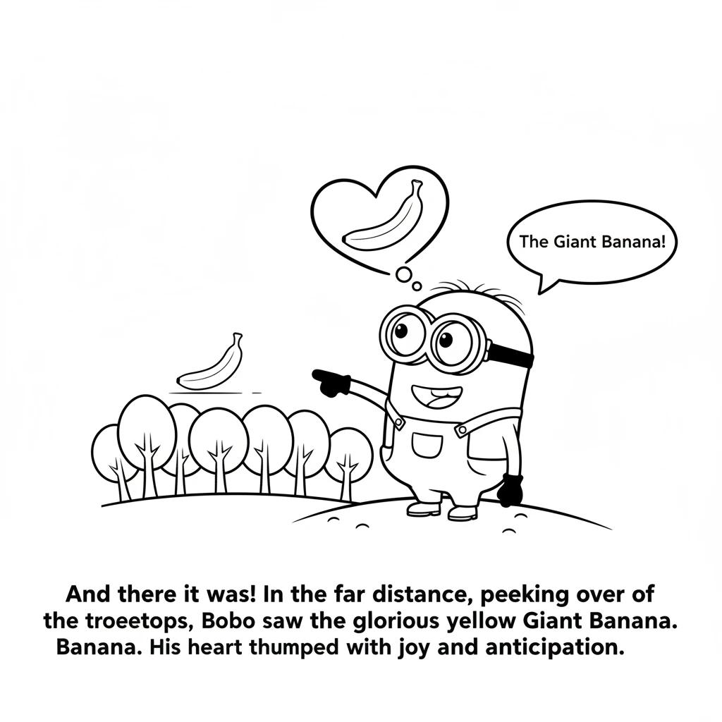 And there it was! In the far distance, peeking over the treetops, Bobo saw the glorious yellow curve of the Giant Banana. His heart thumped with joy a