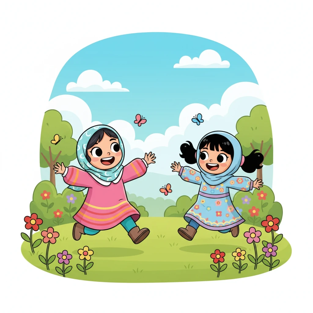 كانت ليلى ومريم تستمتعان باللعب في الحديقة المشمسة. كانت الزهور تتفتح بألوان زاهية والفراشات تحلق حولهما. ضحكاتهما تملأ المكان، وهما تركضان وتطاردان بعضهما بسعادة غامرة.