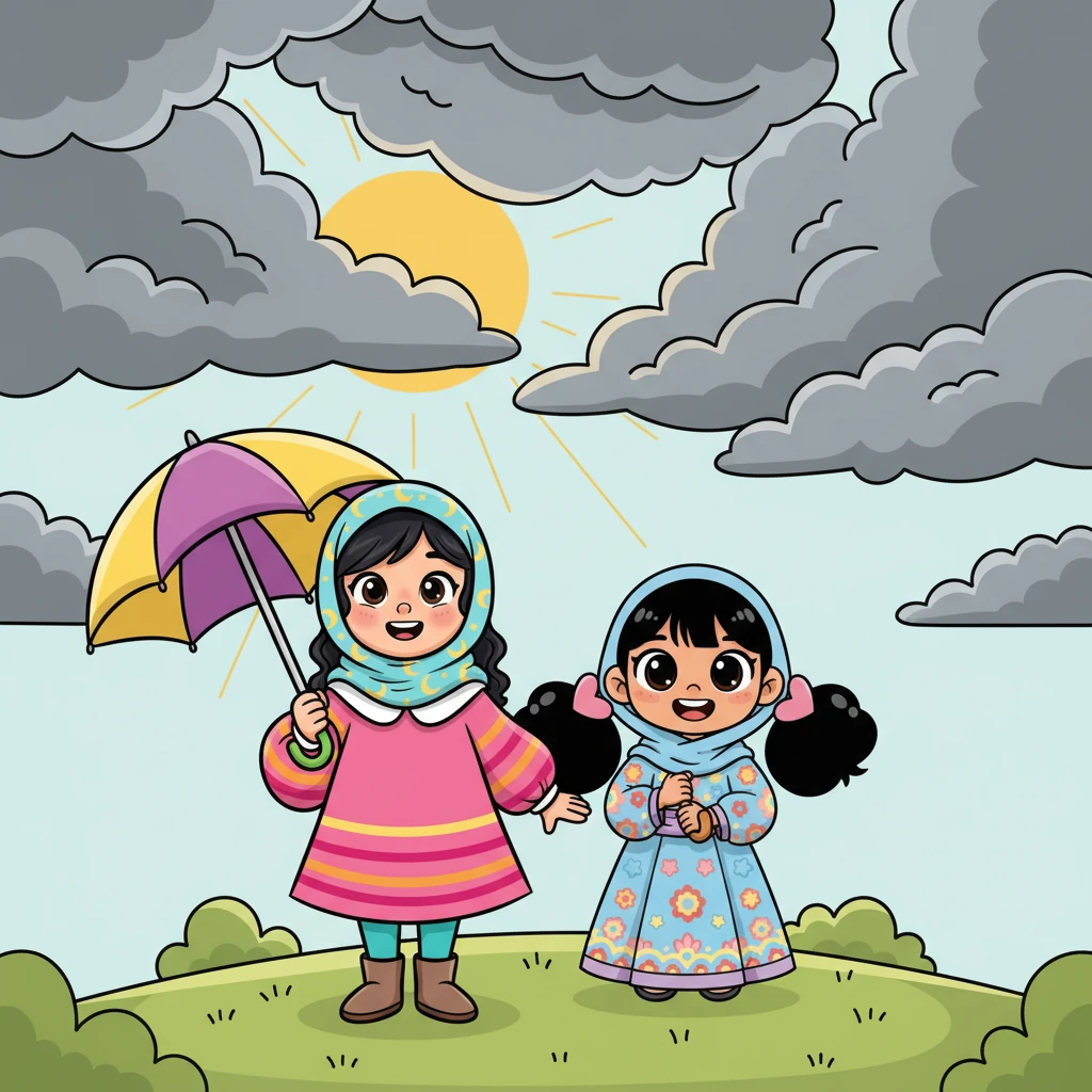 فجأة، بدأت السماء تتغير. تجمعت الغيوم الرمادية الكبيرة بسرعة، وغطت الشمس الذهبية. نظرت ليلى إلى الأعلى بعينين واسعتين، وشعرت مريم بقشعريرة خفيفة.