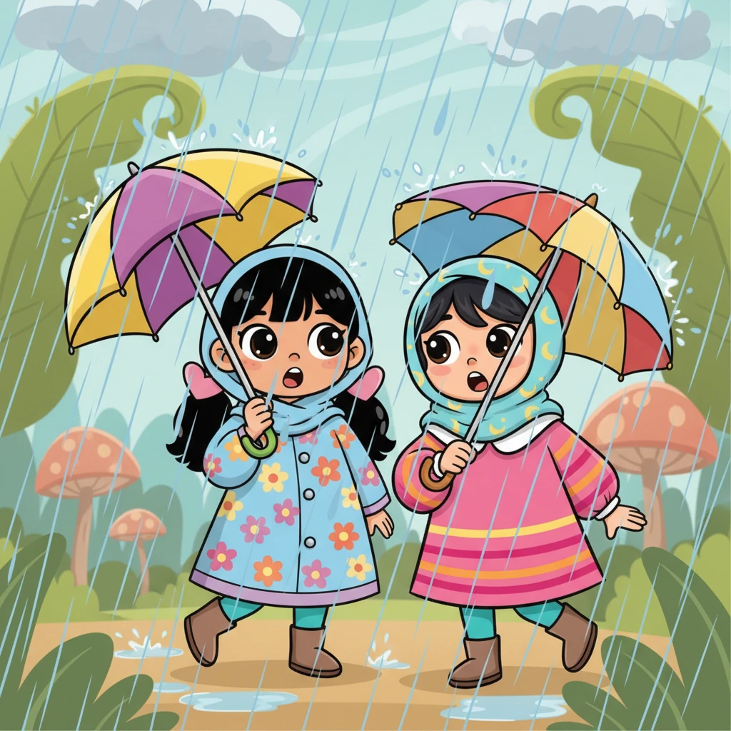 لم تمر سوى لحظات قليلة حتى بدأت قطرات المطر تهطل. أولاً كانت خفيفة، ثم تحولت إلى وابل غزير. تفاجأت الصديقتان بالانهمار المفاجئ، وبدأتا تبحثان عن مكان للاحتماء.