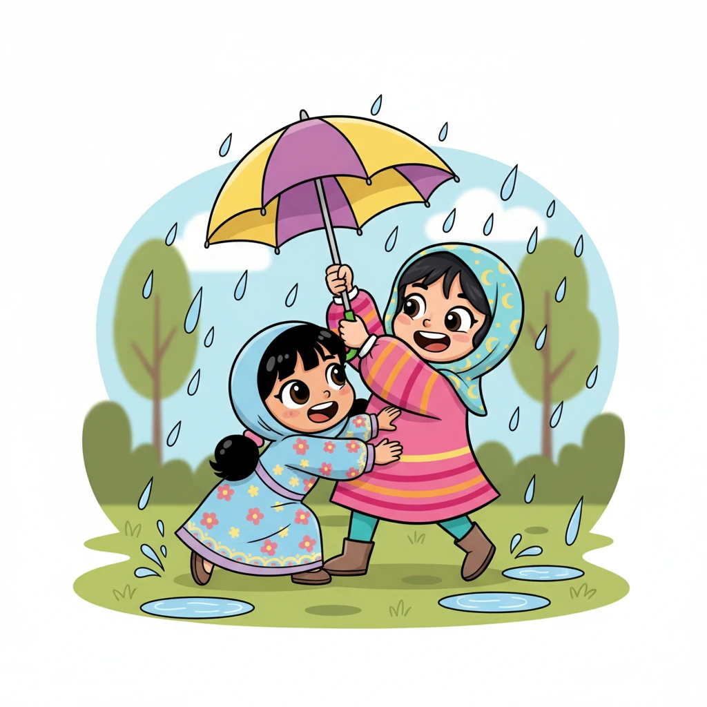 كانت المظلة جميلة لكنها كانت صغيرة جداً بالنسبة لفتاتين. حاولت ليلى أن تحملها فوق رأسيهما، بينما تدافعت مريم تحتها. كادت أذرعهما تتشابك وهما تحاولان البقاء جافتين.