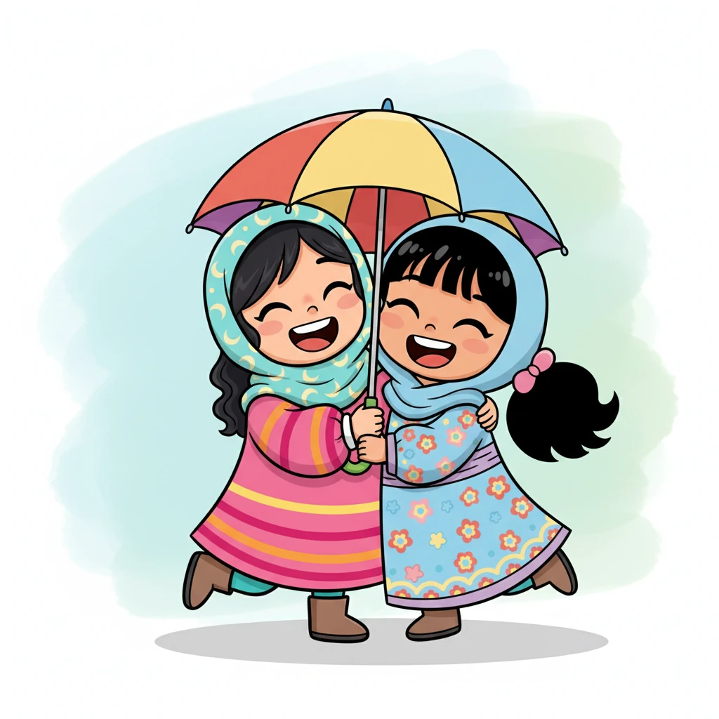 ضحكت الصديقتان بصوت عالٍ وهما تضغطان على بعضهما البعض تحت المظلة الصغيرة. كانت أكتافهما تتلامس، ورؤوسهما قريبة جداً. شعرت كلتاهما بدفء الصداقة يملأ قلبيهما.