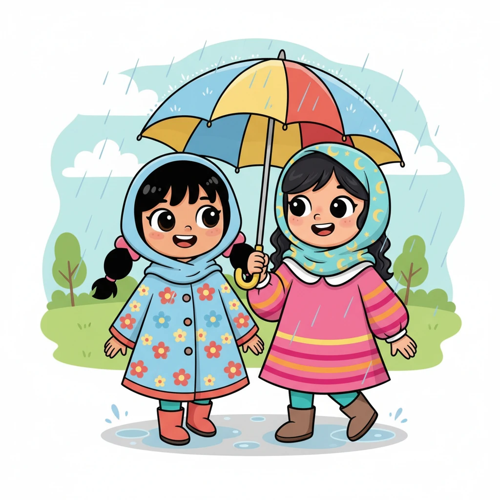 "مظلة واحدة تكفينا نحن الاثنتين!" قالت ليلى بابتسامة عريضة. "بالتأكيد!" أجابت مريم وهي تمسك بيد ليلى بحنان. قررتا أن تشاركا المظلة وأن تستمتعا بالمطر معًا.