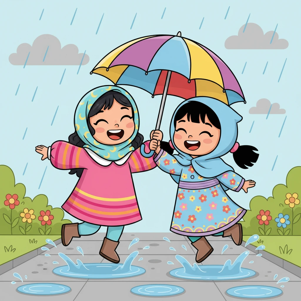 واصلت الفتاتان سيرهما تحت المظلة المشتركة، وهما تضحكان وتتراقصان. قفزتا في البرك الصغيرة التي تكونت على الأرض، ورذاذ الماء يتطاير حولهما. كانت مغامرة ممتعة في يوم ممطر.