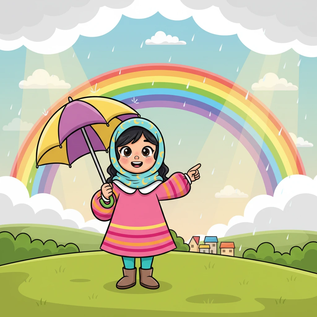 بدأ المطر يخف تدريجياً، وبدأت أشعة الشمس تتسلل من بين الغيوم. ظهر قوس قزح جميل في السماء، بألوانه السبعة الزاهية التي رسمت جسراً في الأفق. كان منظراً ساحراً.