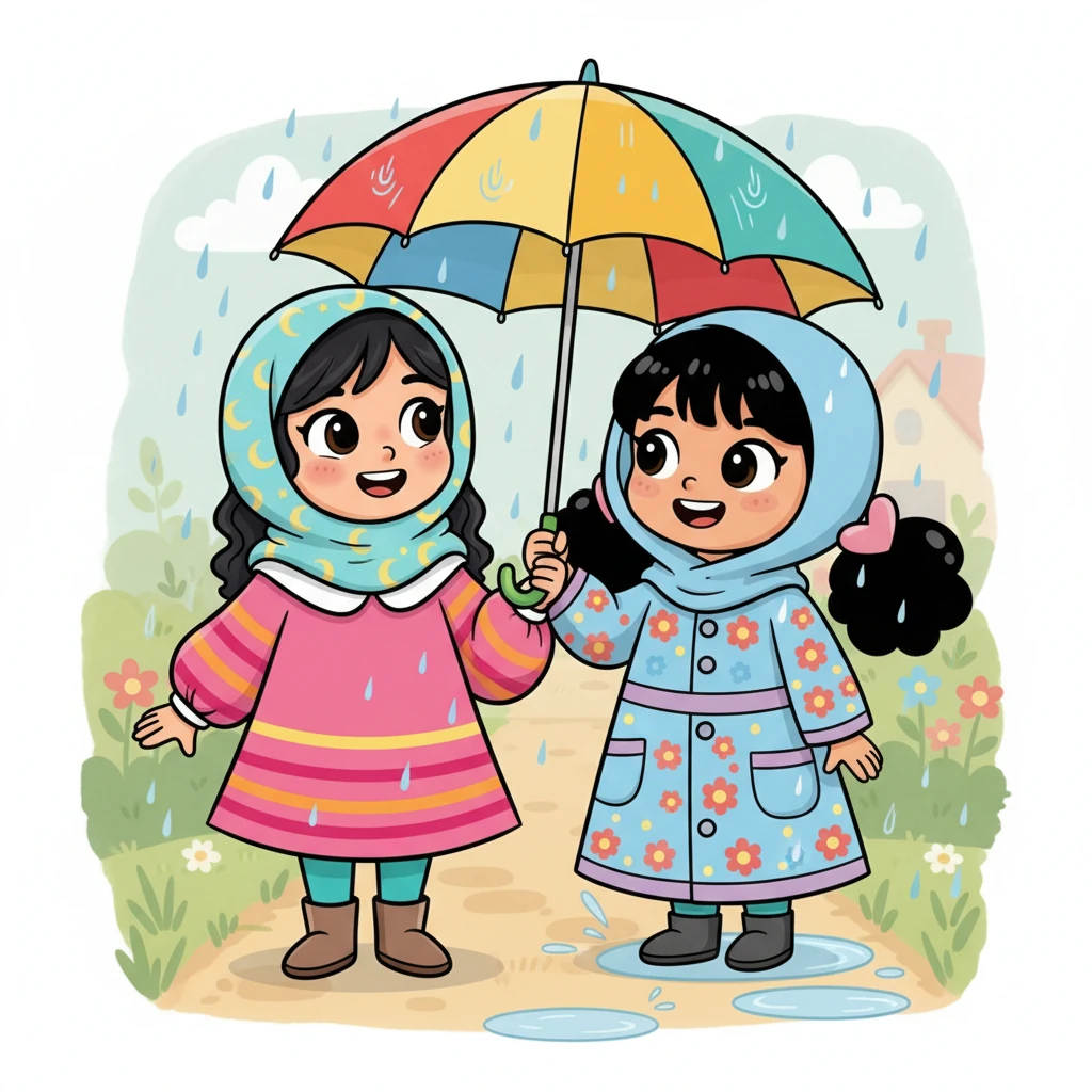نظرت ليلى ومريم إلى بعضهما البعض بابتسامة دافئة. لقد حولت المظلة الصغيرة ويوم المطر العادي إلى ذكرى رائعة. أدركتا أن مشاركة الأشياء، حتى لو كانت صغيرة، تجعل اللحظات أجمل وأكثر بهجة.