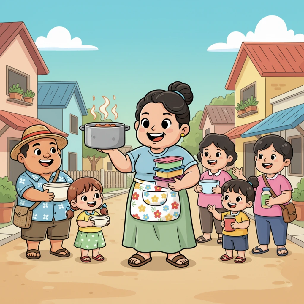 Si Aling Rosa naman, ang ilaw ng tahanan, ay madalas magbahagi ng niluto niyang masasarap na ulam. Nakikita siyang may dala-dalang kaldero o tupperware, at ang mga kapitbahay ay masayang naghihintay sa kanyang handog. Ang bawat pagbabahagi ay puno ng pagmamahal at malasakit.