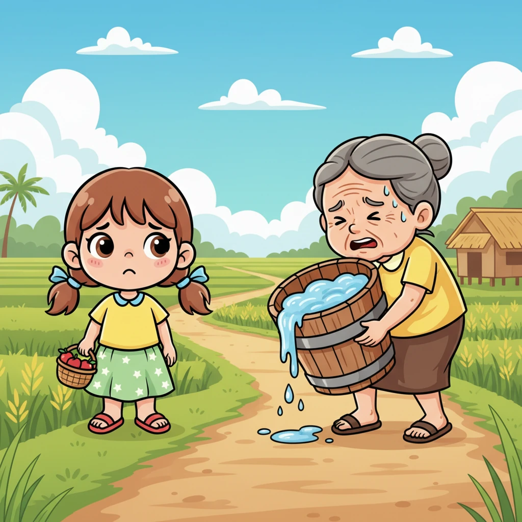 Isang mainit na hapon, napansin ni Ana, ang bunsong anak, si Aling Nena na hirap na hirap magbuhat ng mabigat na timba ng tubig. Ang matandang babae ay halos hindi na makahakbang, at ang timba ay tila mas malaki pa sa kanya. Agad na kumunot ang noo ni Ana sa pag-aalala.