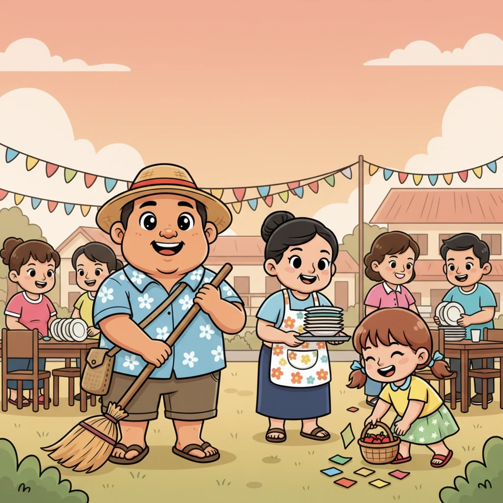 Pagkatapos ng kasiyahan, ang Pamilyang Dela Cruz ay hindi umuwi agad, sa halip ay tumulong sila sa paglilinis. Si Mang Jose ay nagwawalis, si Aling Rosa ay nagliligpit ng mga plato, at si Ana ay tumutulong magpulot ng mga kalat. Dahil dito, lalo pang tumibay ang samahan ng mga magkakapitbahay.