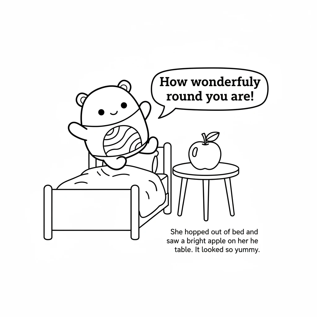She hopped out of bed and saw a bright, red apple on her table. "How wonderfully round you are!" she giggled. It looked so yummy.