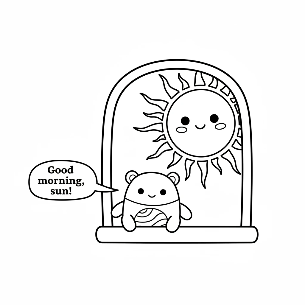 Mallow Mae peeked out the window and saw the big, yellow sun shining brightly. Its warm, round face smiled down at her. "Good morning, sun!" she whisp