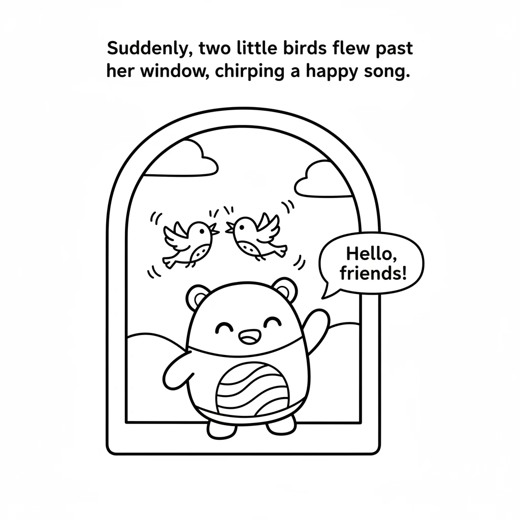 Suddenly, two little birds flew past her window, chirping a happy song. They had tiny wings and flew so gracefully together. "Hello, friends!" Mallow