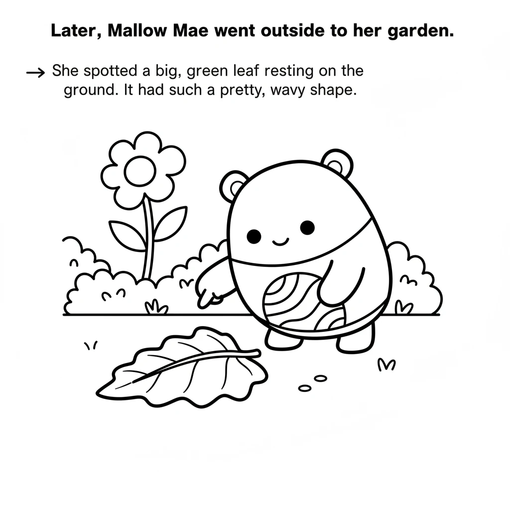 Later, Mallow Mae went outside to her garden. She spotted a big, green leaf resting on the ground. It had such a pretty, wavy shape.