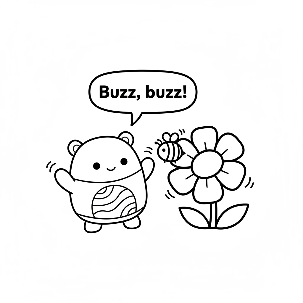 A busy little bee buzzed happily around the flower, collecting sweet nectar. Mallow Mae watched it work, admiring its striped body and tiny wings. "Bu