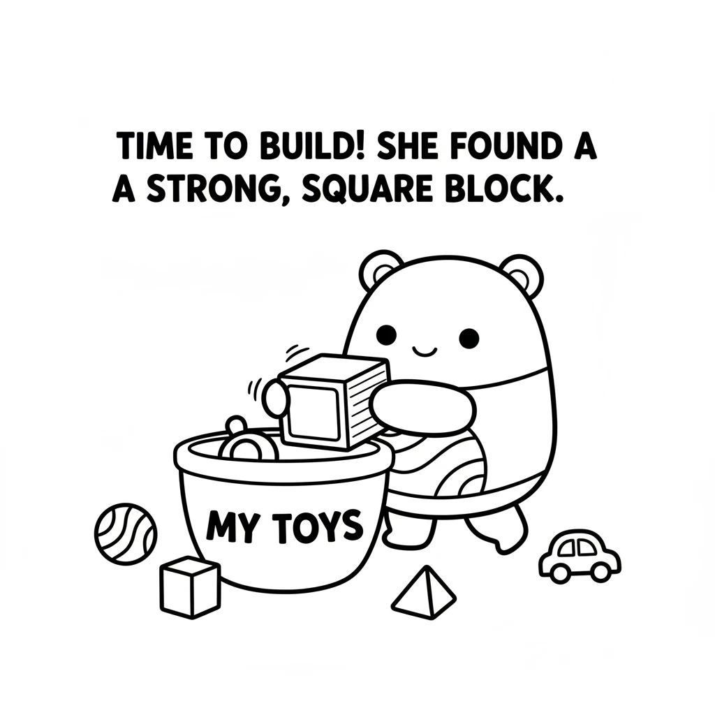 After playing in the garden, Mallow Mae decided to build something. She found a perfectly square block in her toy basket. It was strong and sturdy.