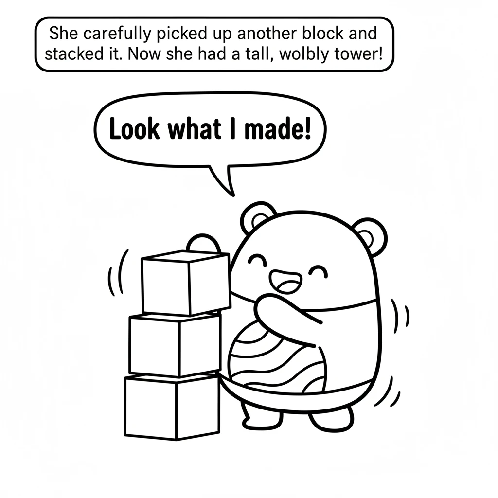She carefully picked up another block, a blue one, and stacked it right on top of the first. Now she had a tall, wobbly tower! "Look what I made!" she