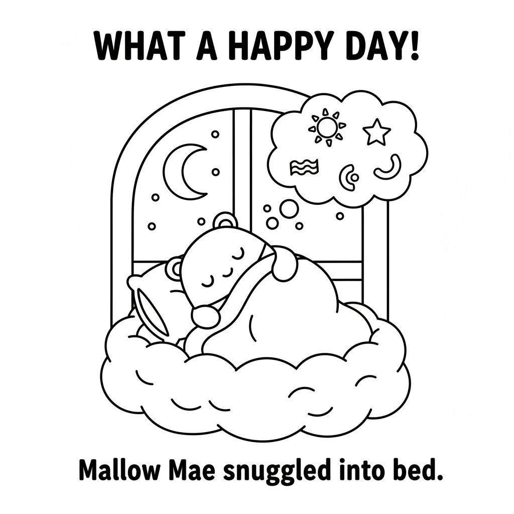 As the sun began to set, Mallow Mae felt wonderfully tired. She snuggled back into her cozy bed, dreaming of all the shapes and colors she had seen. W