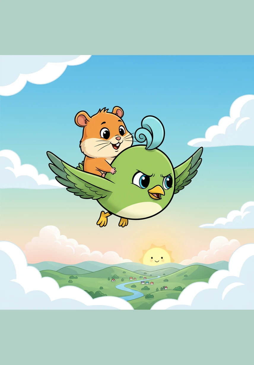 Pip has bright blue feathers and wide wings that help him soar through the fluffy white clouds. Squeak has soft orange fur and quick little paws that help him scurry over round pebbles and fallen twigs.