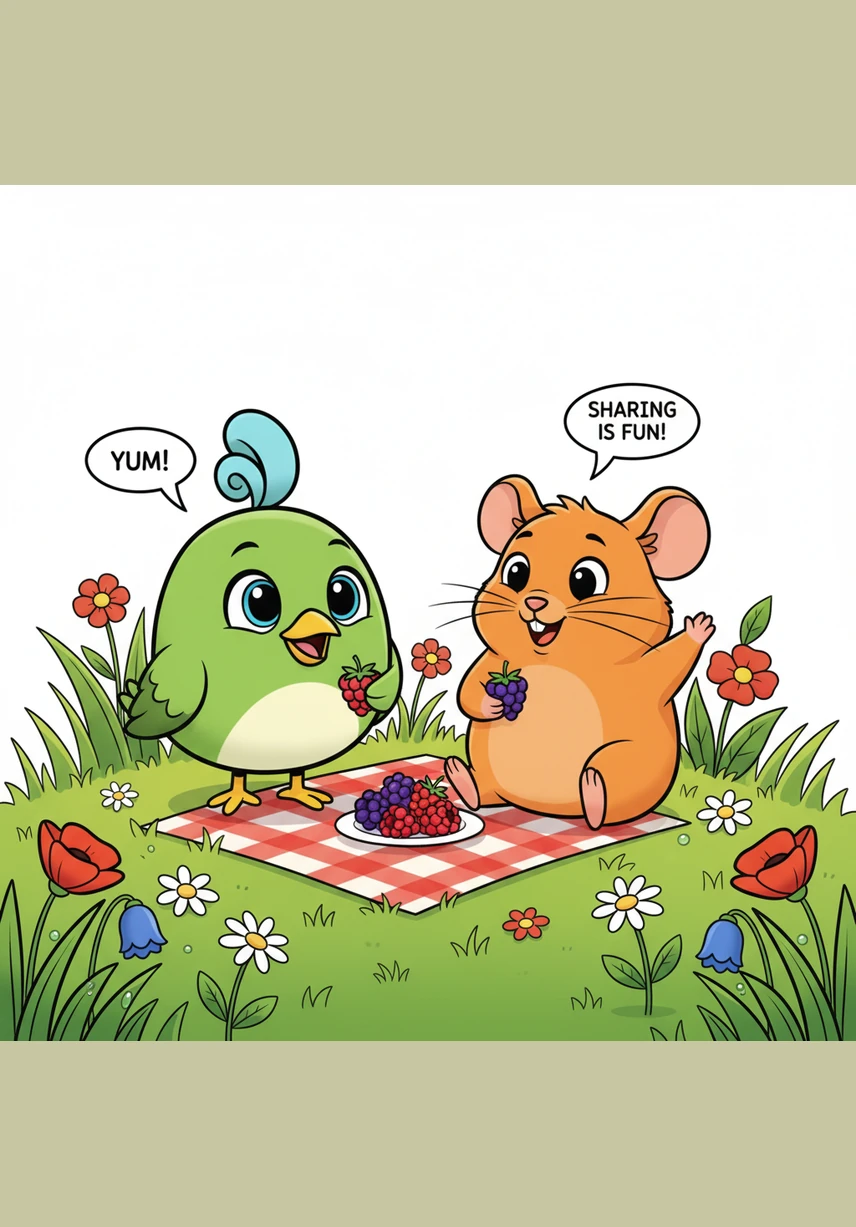 For breakfast, Pip loves to nibble on sweet, crunchy red berries from the tall bushes. Squeak prefers to munch on tiny, golden seeds he finds hidden carefully in the meadow grass.