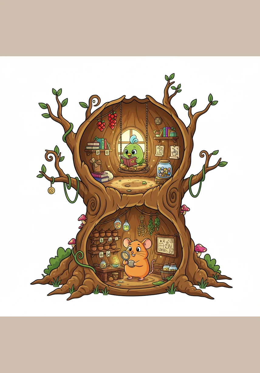 Pip’s home is a round nest made of thin twigs and soft green moss, high where the wind whistles. Squeak’s home is a cozy tunnel lined with dry yellow leaves, tucked safely under the thick tree roots.