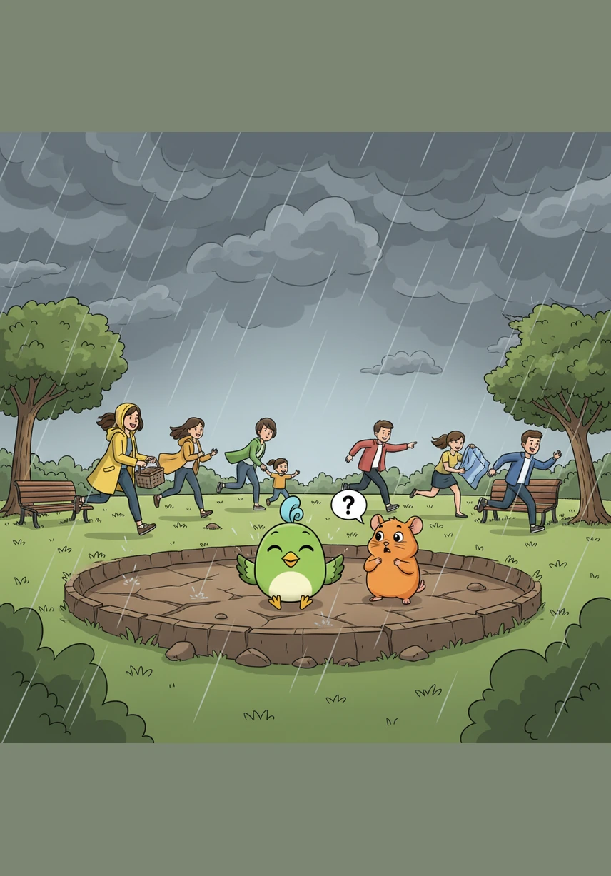 Suddenly, big gray clouds gather in the sky and a loud boom of thunder echoes through the park. Both Pip and Squeak stop what they are doing and look up at the sky with wide, worried eyes.