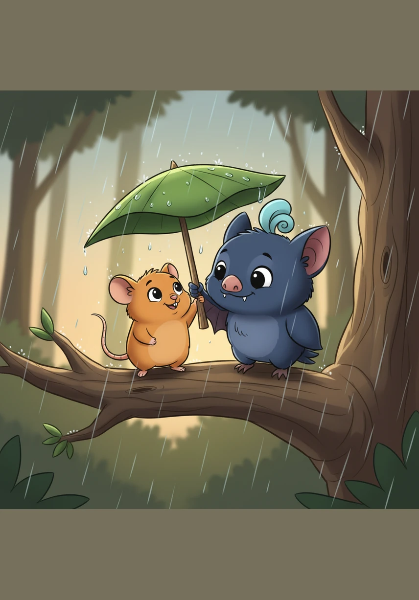 As the rain begins to pitter-patter on the leaves, Pip feels a shiver in his wings and Squeak feels a tremble in his whiskers. Even though they look different, they both feel exactly the same kind of scared.