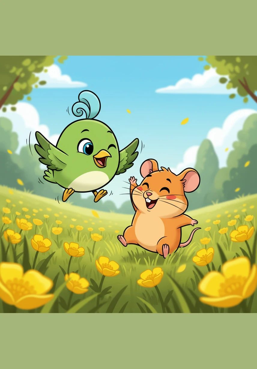 They spend the afternoon playing a game of tag around the yellow buttercups, laughing in their own special ways. Whether flying through the air or running on the ground, the joy of playing feels the same to both of them.