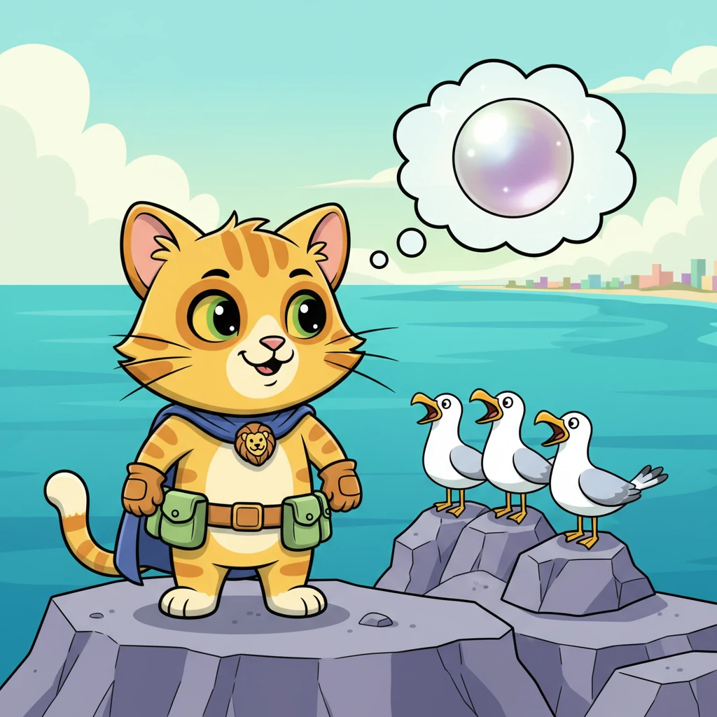 Simba, a fluffy orange cat with curious green eyes, overhears a group of seagulls squawking about a legendary lost pearl, sparkling somewhere along the vast Karachi coast. His ears perk up, and a spark of adventure ignites in his heart. He imagines the pearl's shimmering beauty and feels a call to action.