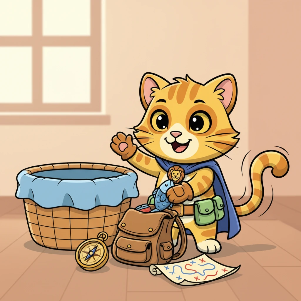 Determined, Simba packs a tiny knapsack with a small fish snack, a compass (mostly for show), and a map he drew himself, full of wobbly lines and X's marking 'treasure'. He bids farewell to his cozy basket, ready for a grand quest. His tail swishes with excitement.