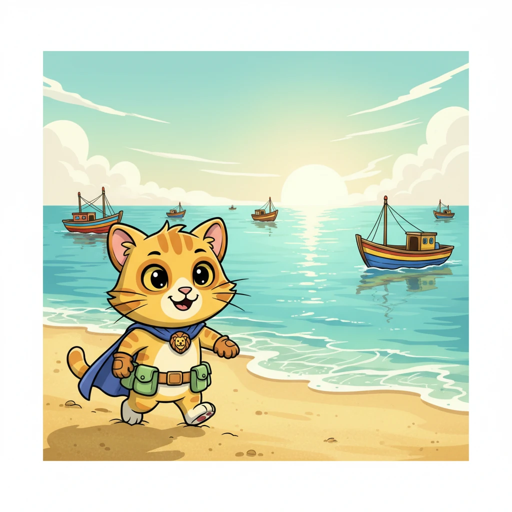 Simba sets off, his paws padding softly on the golden sand of the Karachi beach. The sun shines brightly, reflecting off the gentle waves, and colorful fishing boats bob in the distance. He marvels at the vastness of the sea and the salty breeze tickles his whiskers.